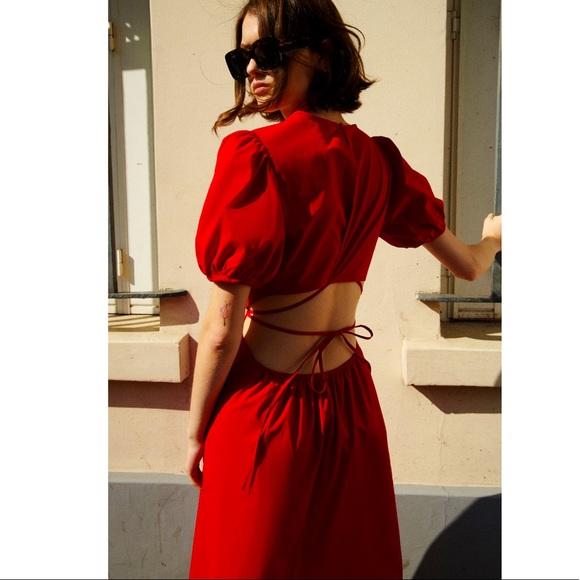 Zara Dresses Zara Red Short Puff Sleeve Open Back Midi Dress Poshmark